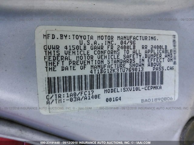 4T1BG12K3TU769013 - 1996 TOYOTA CAMRY DX/LE/XLE ვერცხლისფერი ფოტო 9