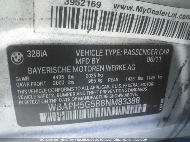 WBAPH5G58BNM83388 - 2011 BMW 328 I SULEV SILVER photo 9