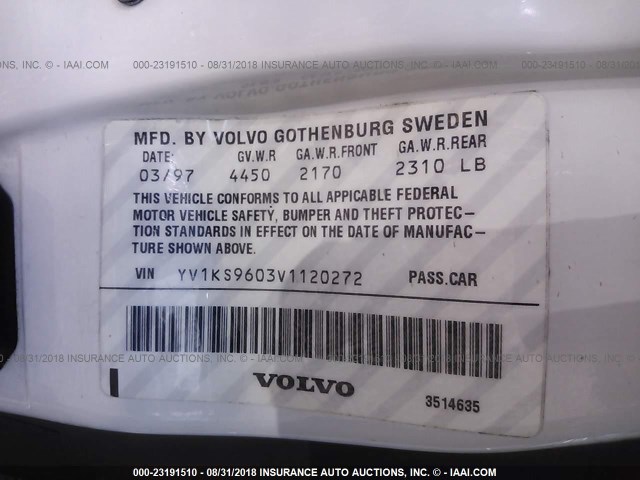 YV1KS9603V1120272 - 1997 VOLVO 960 WHITE photo 9