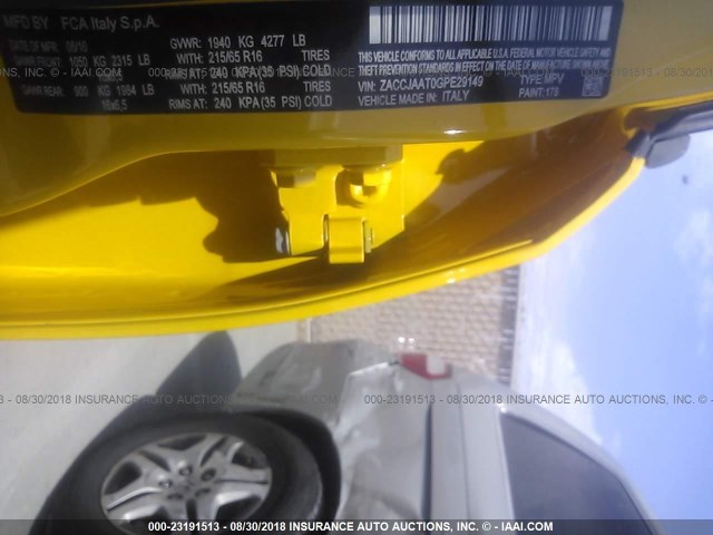 ZACCJAAT0GPE29149 - 2016 JEEP RENEGADE SPORT Դեղին լուսանկար 9