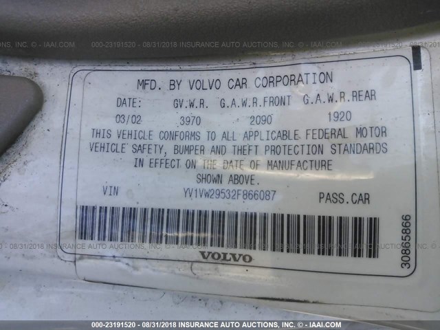 YV1VW29532F866087 - 2002 VOLVO V40 1.9T WHITE photo 9