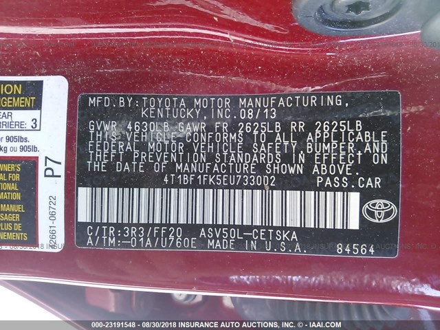 4T1BF1FK5EU733002 - 2014 TOYOTA CAMRY L/SE/LE/XLE RED photo 9