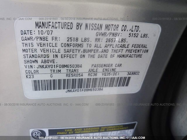 JNKAY01F08M650384 - 2008 INFINITI M35 SPORT GRAY photo 9