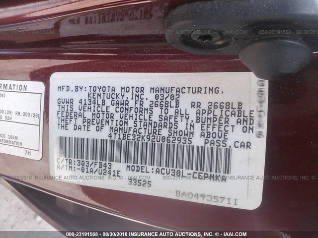 4T1BE32K92U062935 - 2002 TOYOTA CAMRY LE/XLE/SE Қызыл фото 9