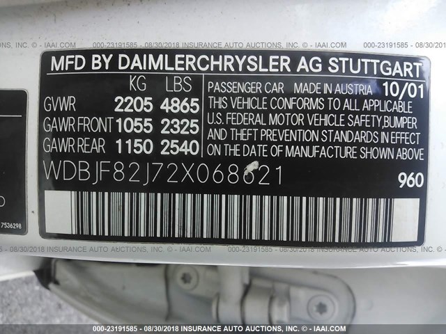 WDBJF82J72X068621 - 2002 MERCEDES-BENZ E 320 4MATIC WHITE photo 9