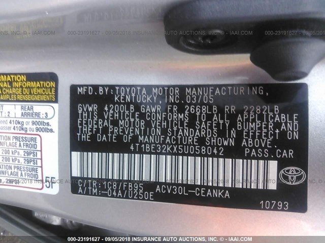 4T1BE32KX5U058042 - 2005 TOYOTA CAMRY LE/XLE/SE 银色 照片 9