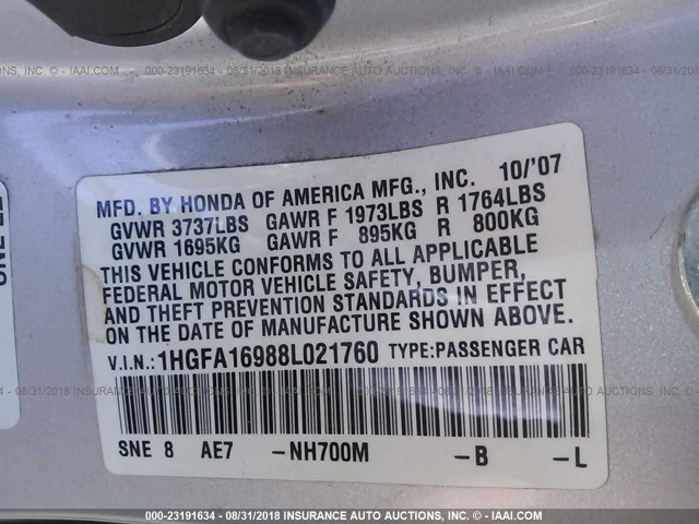 1HGFA16988L021760 - 2008 HONDA CIVIC EXL 银色 照片 9