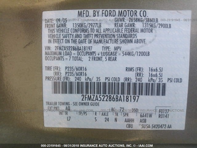 2FMZA52286BA18197 - 2006 FORD FREESTAR SEL TAN photo 9