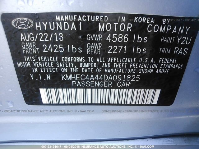 KMHEC4A44DA091825 - 2013 HYUNDAI SONATA HYBRID BLUE photo 9