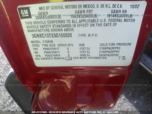 3GNEC13T23G150028 - 2003 CHEVROLET AVALANCHE C1500 RED photo 9