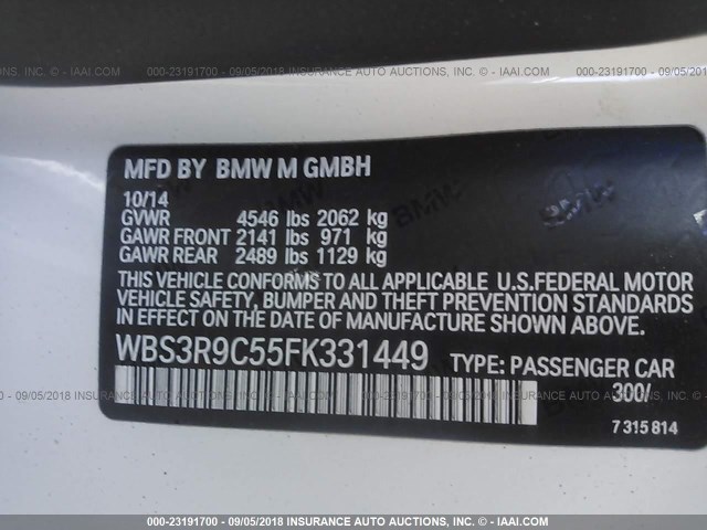 WBS3R9C55FK331449 - 2015 BMW M4 WHITE photo 9