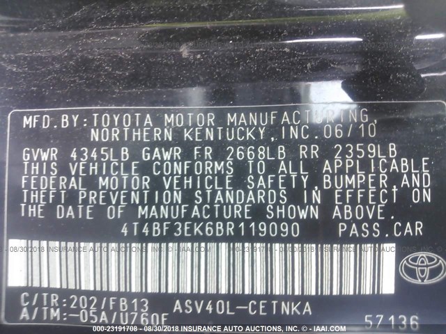 4T4BF3EK6BR119090 - 2011 TOYOTA CAMRY SE/LE/XLE შავი ფოტო 9