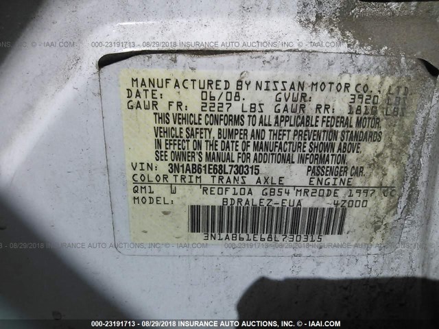 3N1AB61E68L730315 - 2008 NISSAN SENTRA 2.0/2.0S/2.0SL WHITE photo 9