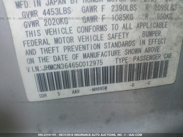 JHMCN36465C012975 - 2005 HONDA ACCORD HYBRID SILVER photo 9