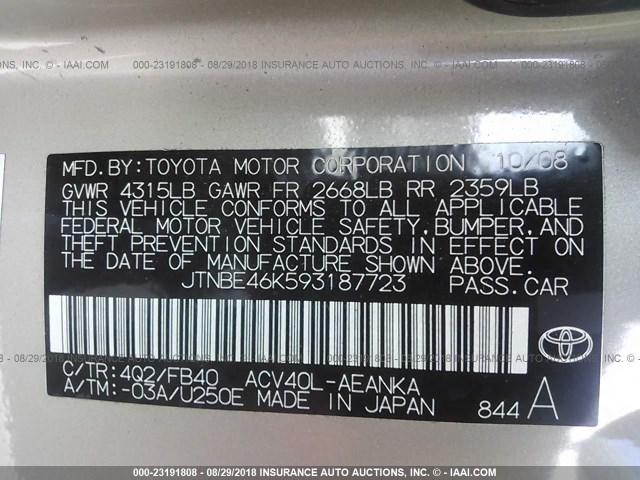 JTNBE46K593187723 - 2009 TOYOTA CAMRY SE/LE/XLE TAN photo 9