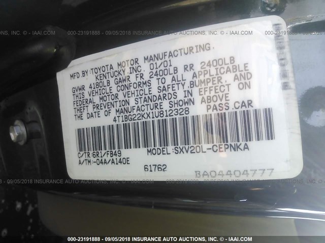 4T1BG22KX1U812328 - 2001 TOYOTA CAMRY CE/LE/XLE 绿色 照片 9