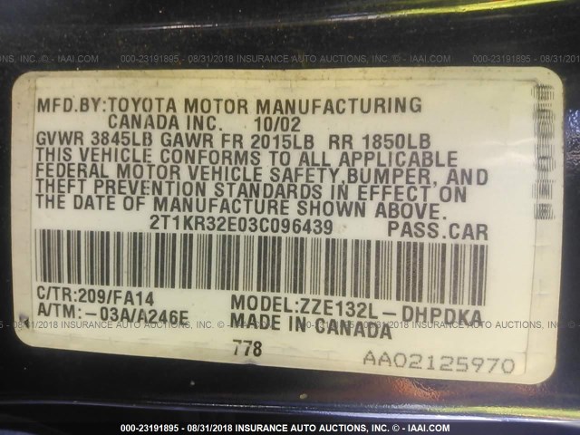 2T1KR32E03C096439 - 2003 TOYOTA COROLLA MATRIX XR BLACK photo 9