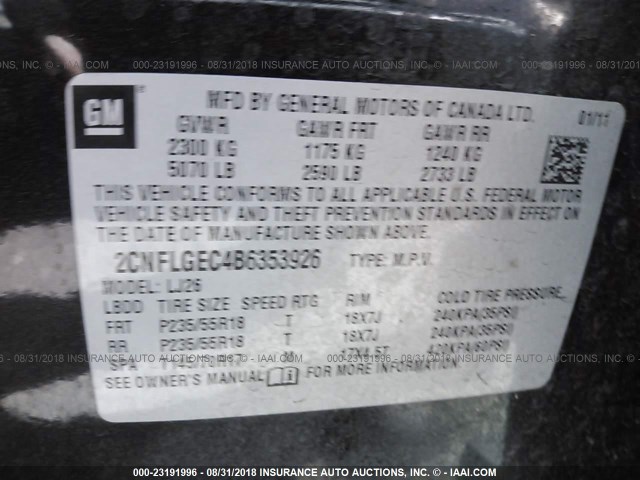 2CNFLGEC4B6353926 - 2011 CHEVROLET EQUINOX LTZ BLACK photo 9