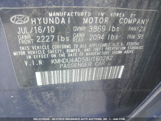 KMHDU4AD5AU160282 - 2010 HYUNDAI ELANTRA BLUE/GLS/SE BLUE photo 9