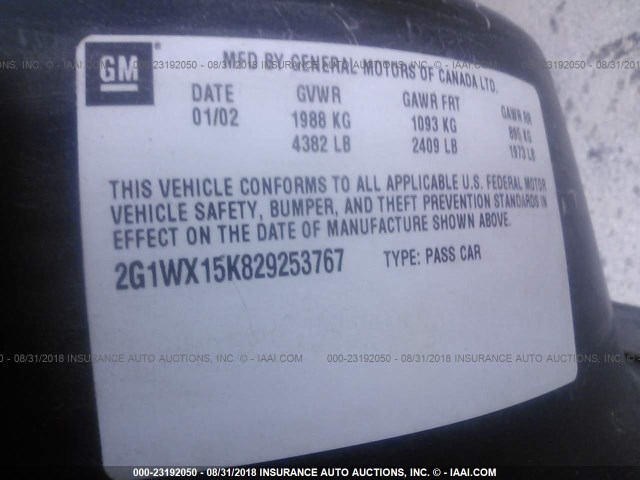 2G1WX15K829253767 - 2002 CHEVROLET MONTE CARLO SS შავი ფოტო 9