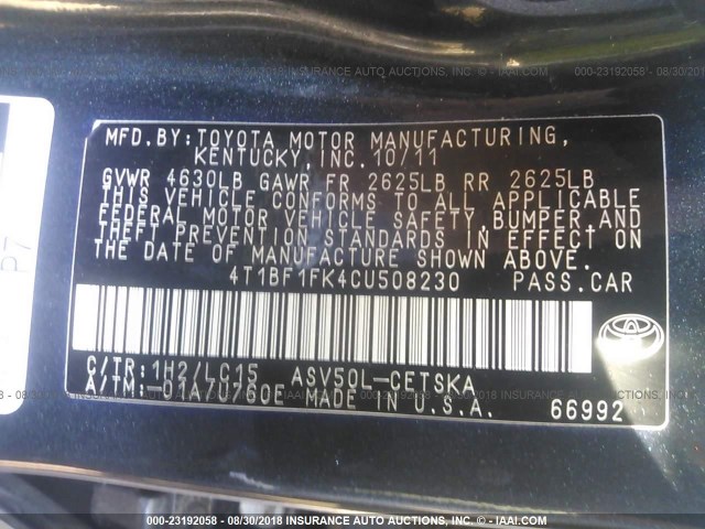 4T1BF1FK4CU508230 - 2012 TOYOTA CAMRY SE/LE/XLE შავი ფოტო 9