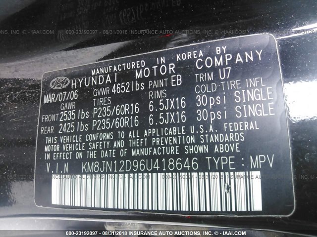 KM8JN12D96U418646 - 2006 HYUNDAI TUCSON GLS/LIMITED BLACK photo 9