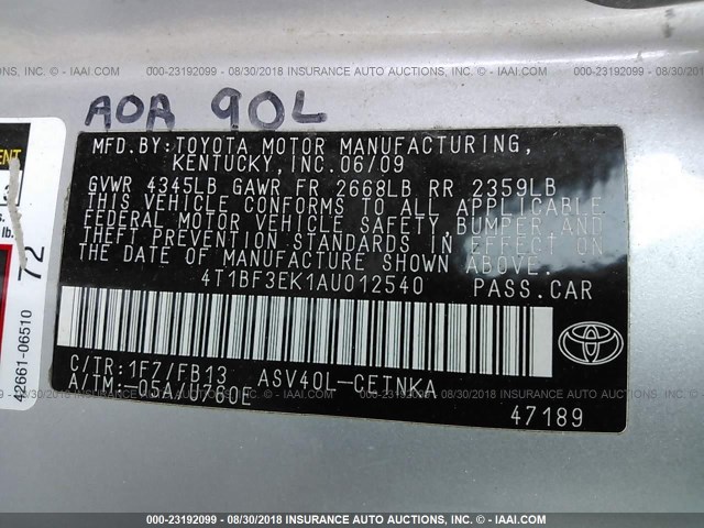 4T1BF3EK1AU012540 - 2010 TOYOTA CAMRY SE/LE/XLE SILVER photo 9
