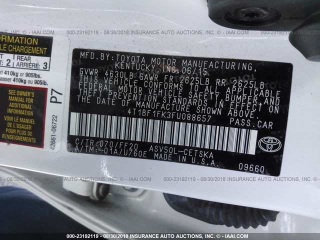 4T1BF1FK3FU088657 - 2015 TOYOTA CAMRY LE/XLE/SE/XSE 白色 照片 9