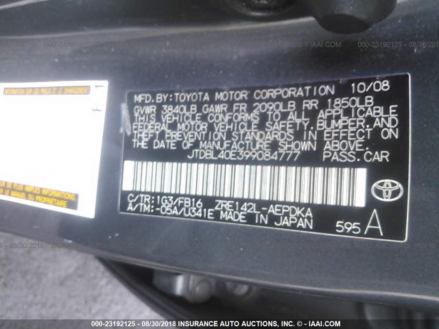 JTDBL40E399084777 - 2009 TOYOTA COROLLA LE/XLE GRAY photo 9