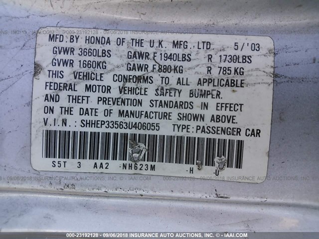 SHHEP33563U406055 - 2003 HONDA CIVIC SI SILVER photo 9