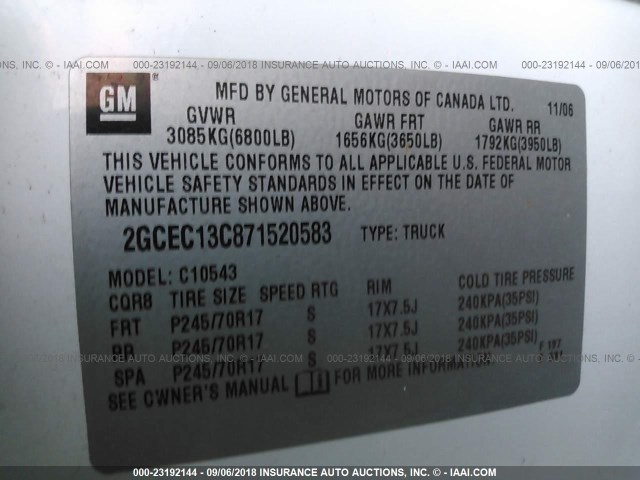 2GCEC13C871520583 - 2007 CHEVROLET SILVERADO C1500 CREW CAB WHITE photo 9