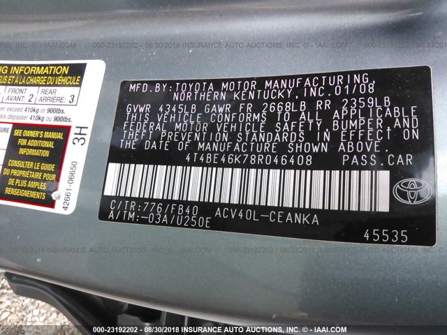 4T4BE46K78R046408 - 2008 TOYOTA CAMRY CE/LE/XLE/SE Light Blue photo 9