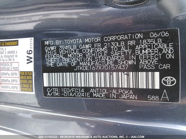 JTKDE167X70157437 - 2007 TOYOTA SCION TC 灰色 照片 9