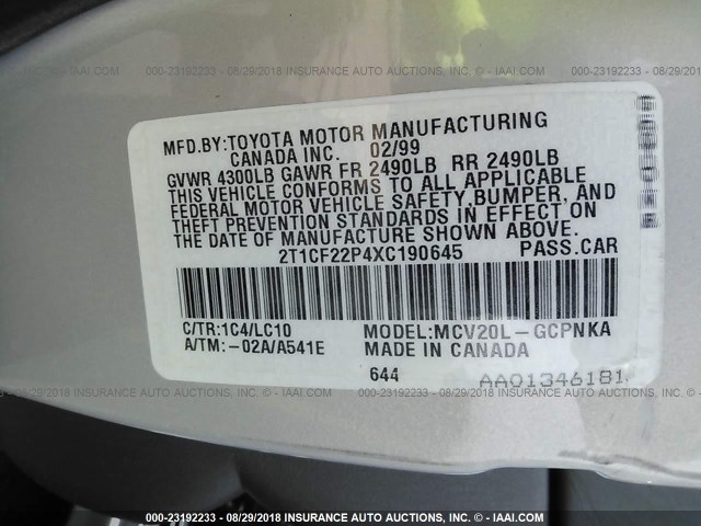 2T1CF22P4XC190645 - 1999 TOYOTA CAMRY SOLARA SE/SLE Gümüş foto 9