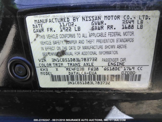 3N1CB51D83L783732 - 2003 NISSAN SENTRA XE/GXE BLACK photo 9