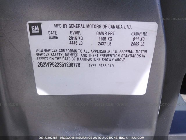 2G2WP522851290778 - 2005 PONTIAC GRAND PRIX Сірий фото 9