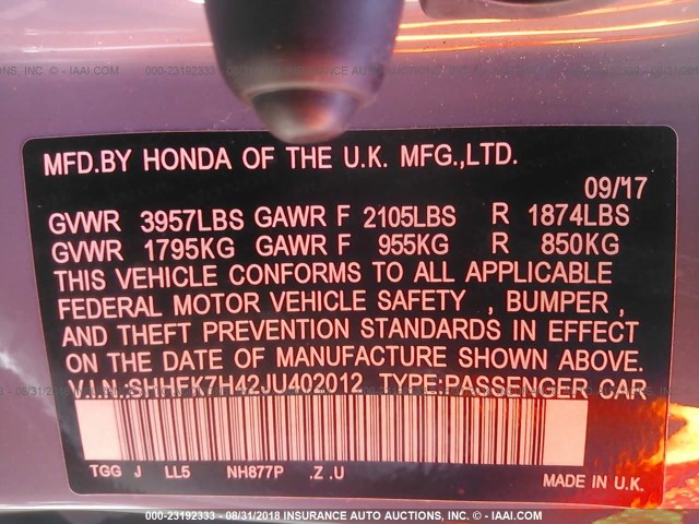 SHHFK7H42JU402012 - 2018 HONDA CIVIC SPORT 灰色 照片 9