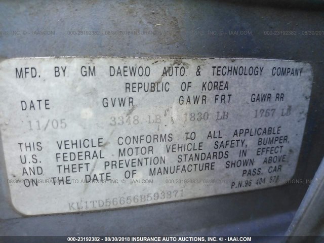 KL1TD56656B593871 - 2006 CHEVROLET AVEO LS Light Blue photo 9