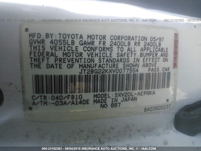 JT2BG22KXV0077554 - 1997 TOYOTA CAMRY LE/XLE Weiß Foto 9