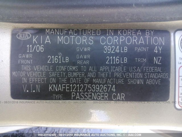 KNAFE121275392674 - 2007 KIA SPECTRA EX/LX BEIGE photo 9