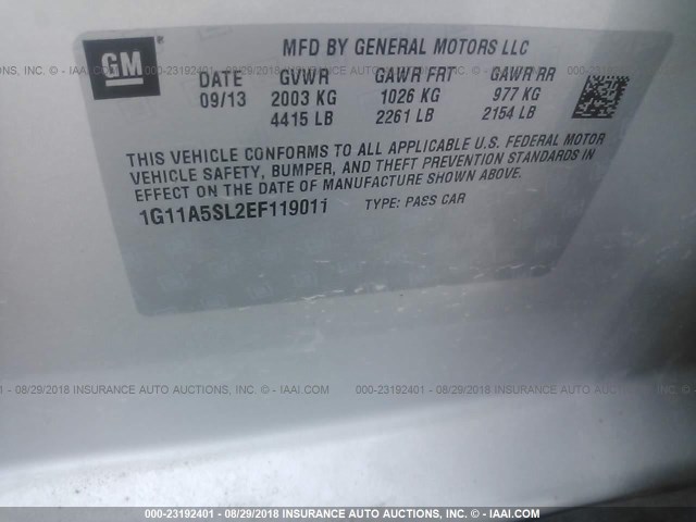 1G11A5SL2EF119011 - 2014 CHEVROLET MALIBU LS ვერცხლისფერი ფოტო 9