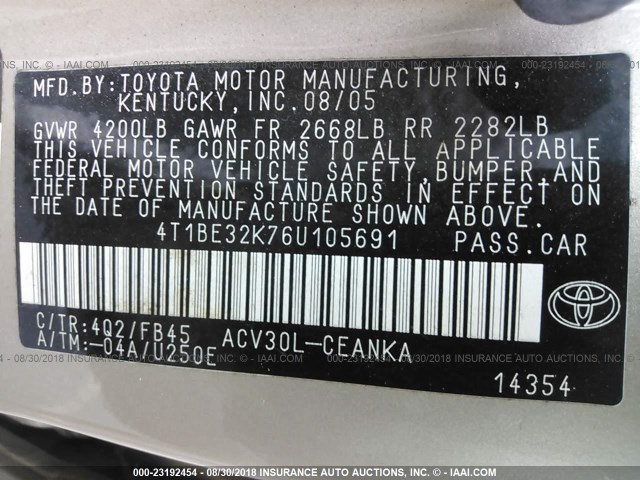 4T1BE32K76U105691 - 2006 TOYOTA CAMRY LE/XLE/SE 金色 照片 9