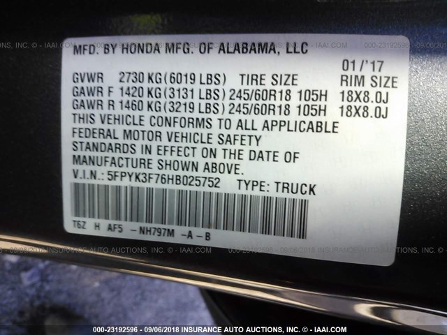 5FPYK3F76HB025752 - 2017 HONDA RIDGELINE RTL GRAY photo 9