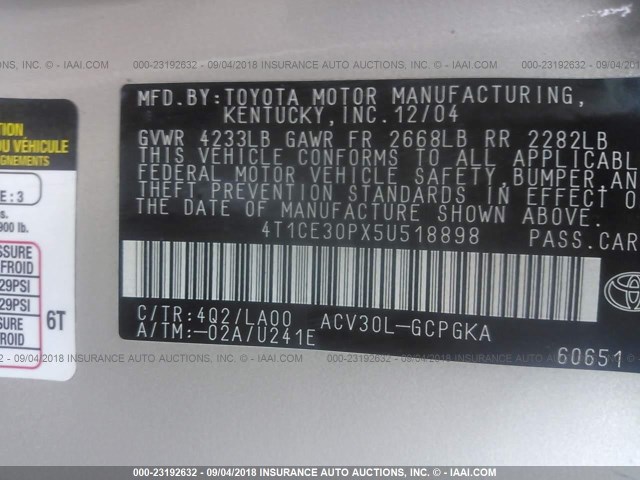 4T1CE30PX5U518898 - 2005 TOYOTA CAMRY SOLARA SE/SLE Qızıl foto 9