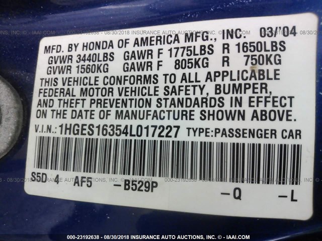 1HGES16354L017227 - 2004 HONDA CIVIC DX VP 蓝色 照片 9