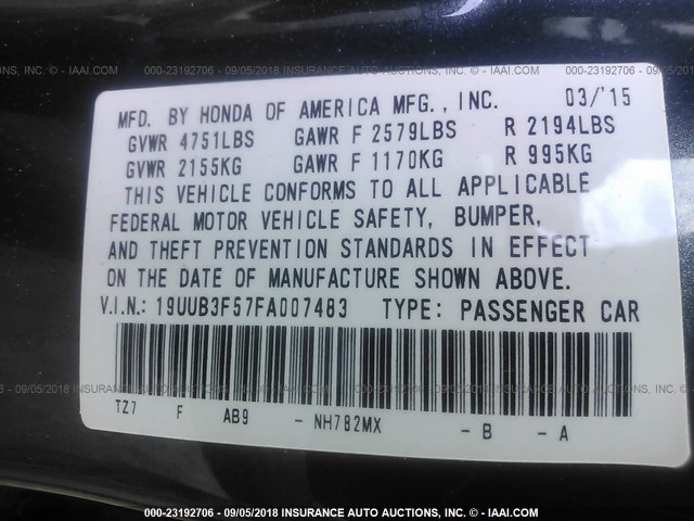 19UUB3F57FA007483 - 2015 ACURA TLX TECH GRAY photo 9
