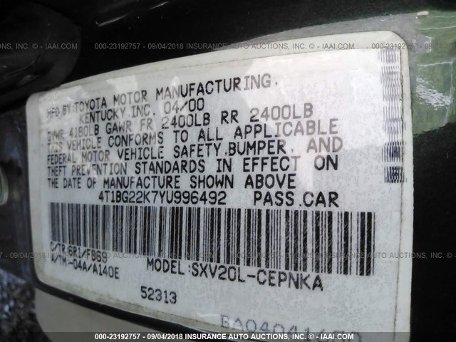 4T1BG22K7YU996492 - 2000 TOYOTA CAMRY CE/LE/XLE 绿色 照片 9