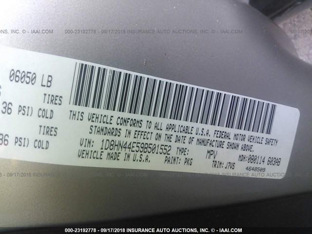 1D8HN44E59B501552 - 2009 DODGE GRAND CARAVAN SE GRAY photo 9