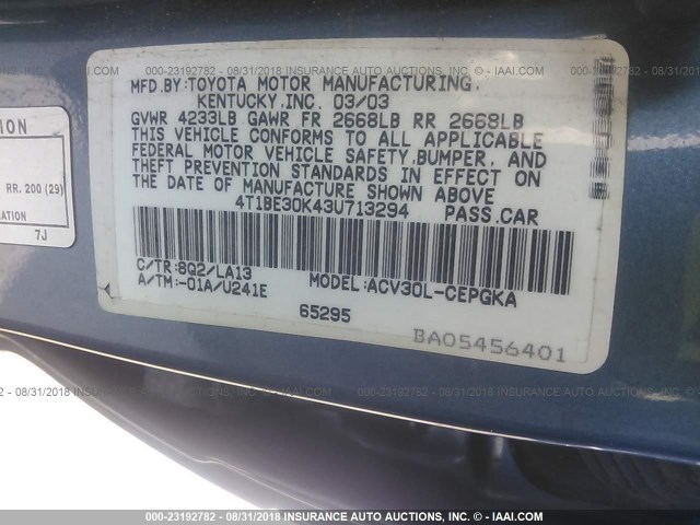 4T1BE30K43U713294 - 2003 TOYOTA CAMRY LE/XLE/SE 蓝色 照片 9