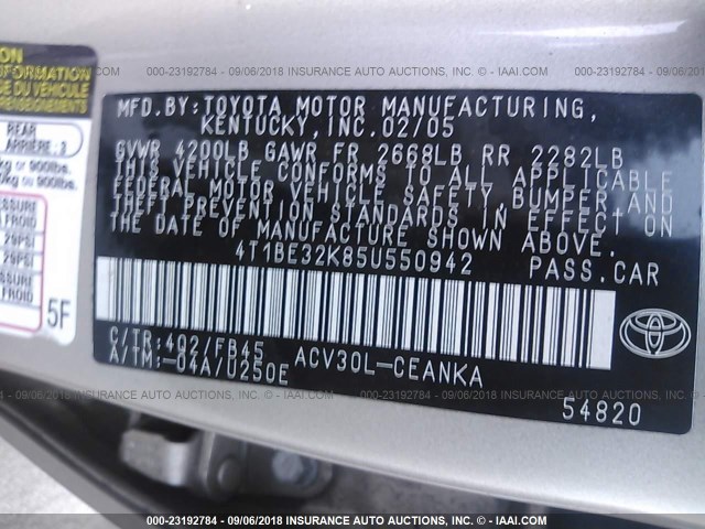 4T1BE32K85U550942 - 2005 TOYOTA CAMRY LE/XLE/SE BEIGE photo 9